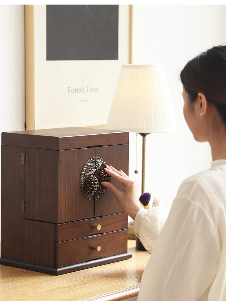 メイクボックス 松ぼっくり柄付き多機能メイク収納ボックス